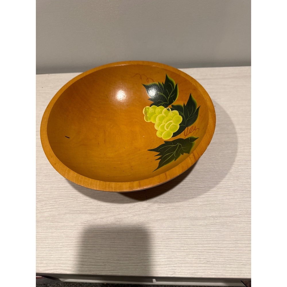Vintage‎ Wooden Bowl Hand Painted Grapes Fruit Decor Serving Bowl